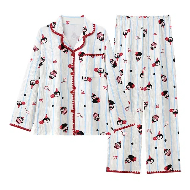 静英鸾 休闲简约可爱条纹卡通企鹅亲肤舒适可外穿家居服睡衣套装 女款