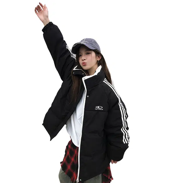 红蜻蜓 美式休闲百搭风立领条纹宽松棉衣外套冬季保暖设计感棉服 男女同款