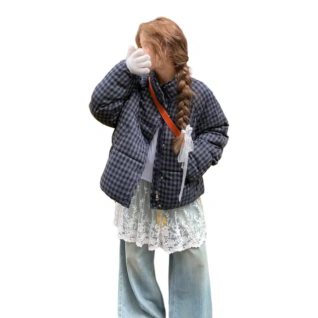 红蜻蜓 立领格纹防风棉衣外套休闲百搭保暖棉袄时尚宽松冬季棉服 男女同款