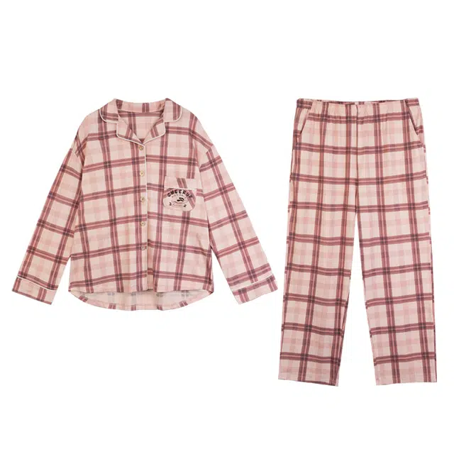 多拉美 纯棉时尚热狗格纹开衫套装春秋翻领长袖外穿休闲家居服睡衣 女款