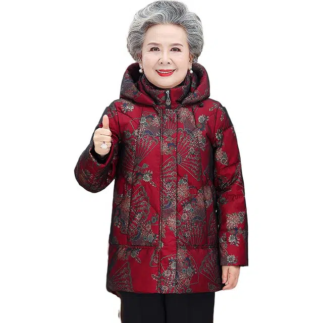 雅鹿 中老年中长款连帽加厚保暖冬季奶奶外套羽绒服 女款
