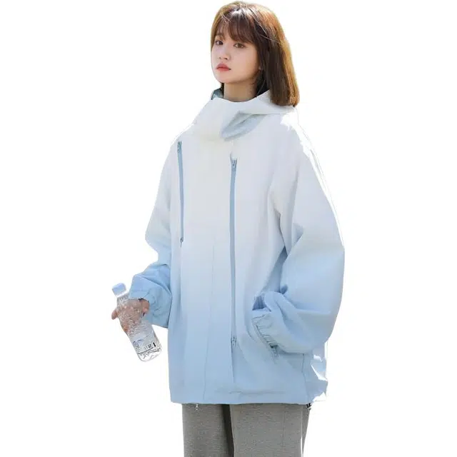 纤丝鸟 时尚渐变设计感色户外休闲连帽宽松上衣截短外套 女款