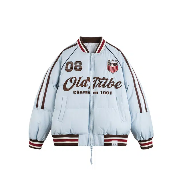 【dme】 潮牌美式复古刺绣字母条纹宽松棒球棉衣保暖外套运动休闲情侣款中性百搭棉服 男女同款