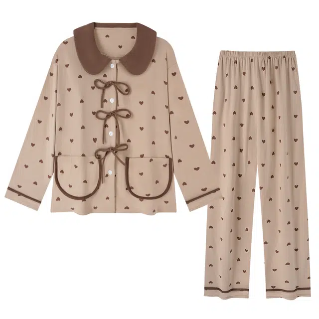 俏霓桐 甜美保暖德绒蓄温可爱蝴蝶结爱心翻领长袖长裤家居服可外穿睡衣套装 女款