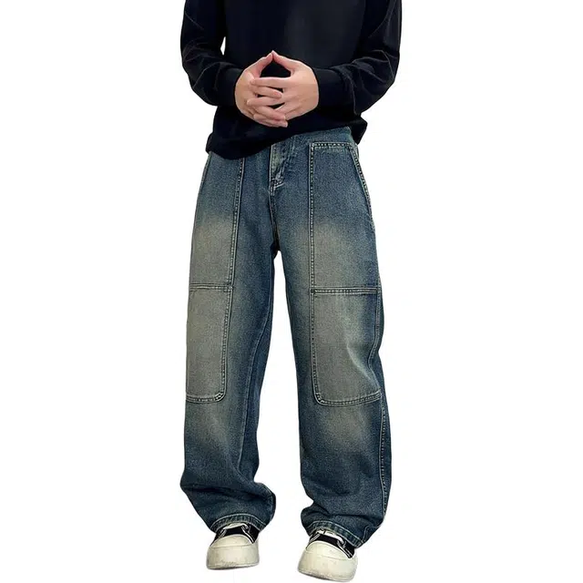 如续 美式复古高街原色阔型铆钉伐木裤潮流百搭阔腿宽松通勤原牛牛仔裤 男女同款