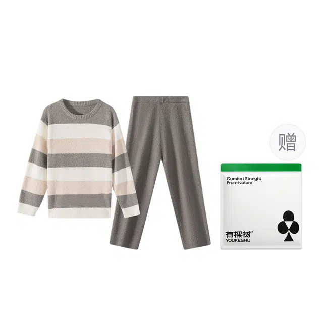 有棵树 秋冬季亲肤暖绒半边绒男士家居服圆领套头条纹长袖长裤柔软可外穿睡衣套装 男款