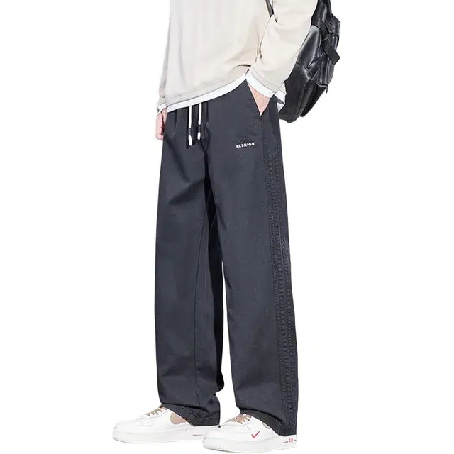 协协乐 高街机能风美式复古三条杠潮牌秋冬季宽松直筒阔腿垂坠感拖地裤青少年弹力抽绳百搭休闲运动长裤工装裤 男款