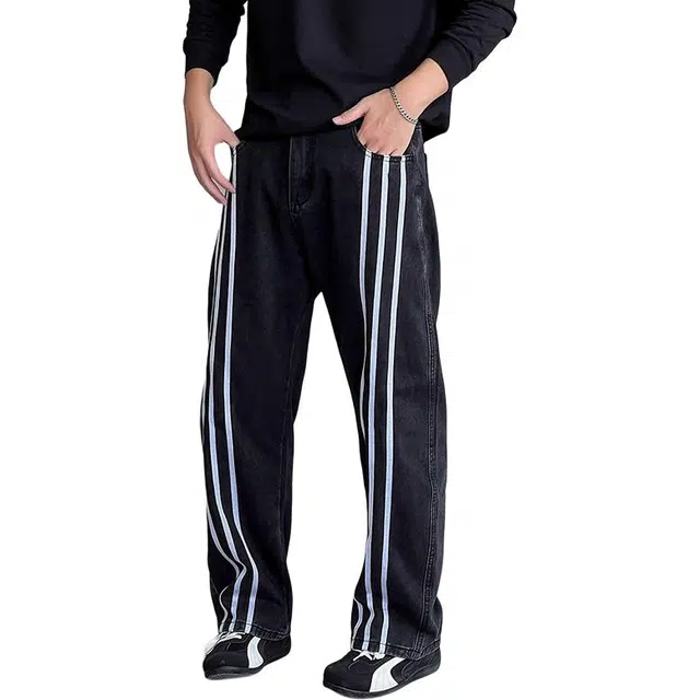 如续 美式复古水洗做旧设计感条纹直筒长裤秋季微弯宽松休闲潮牌牛仔裤 男女同款