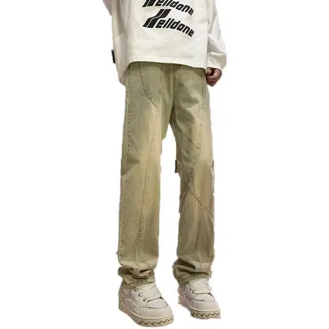 洞洞拐 美式高街水洗做旧时尚风拼接直筒高腰复古百搭潮流黄泥染阔腿裤牛仔裤 男女同款