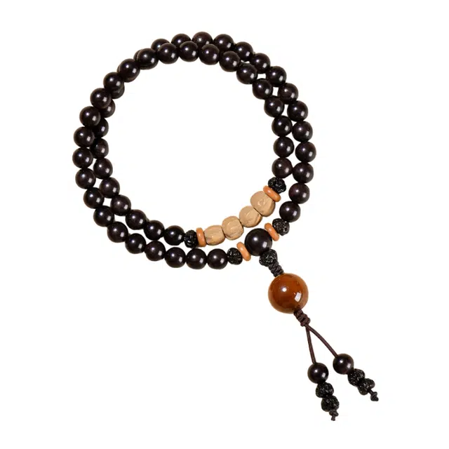 宣华意 国潮风复古时尚百搭文玩佛珠双圈叠戴 檀香木质 盘玩配饰转运珠 好运 黑檀 木作手串 男女同款情侣款