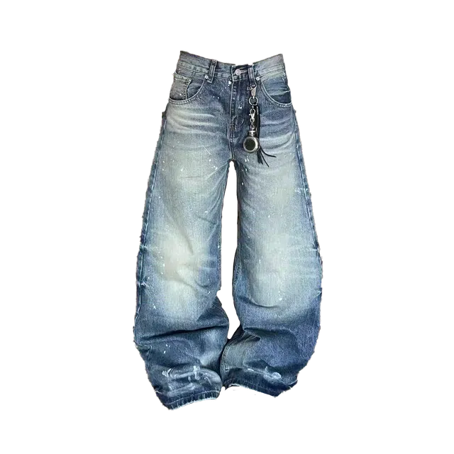 笔杏 美式复古做旧水洗泼墨宽松高腰直筒阔腿拖地潮流个性创意设计松弛感潮人出街慵懒百搭日常通勤牛仔裤 男女同款