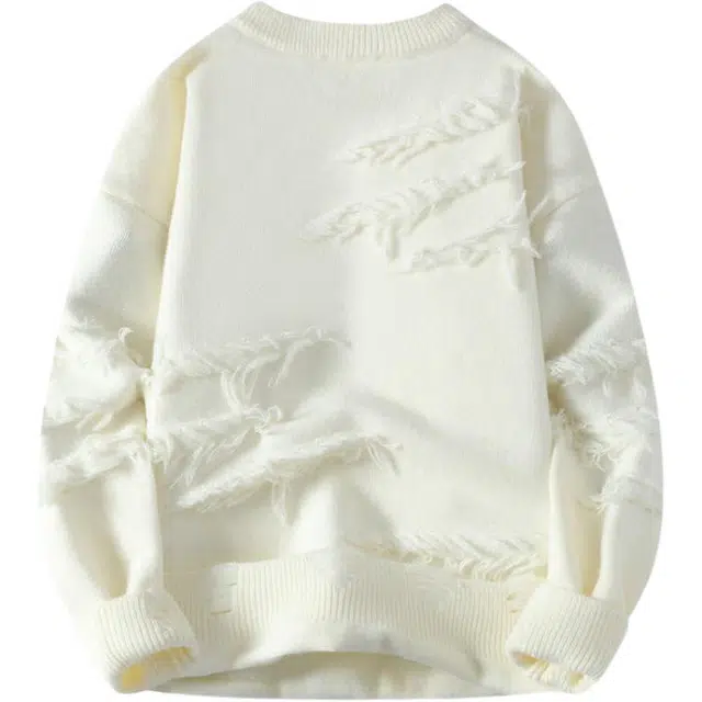 颂希尔 纯色简约舒适破洞刮烂设计感宽松休闲情侣针织衫 男女同款