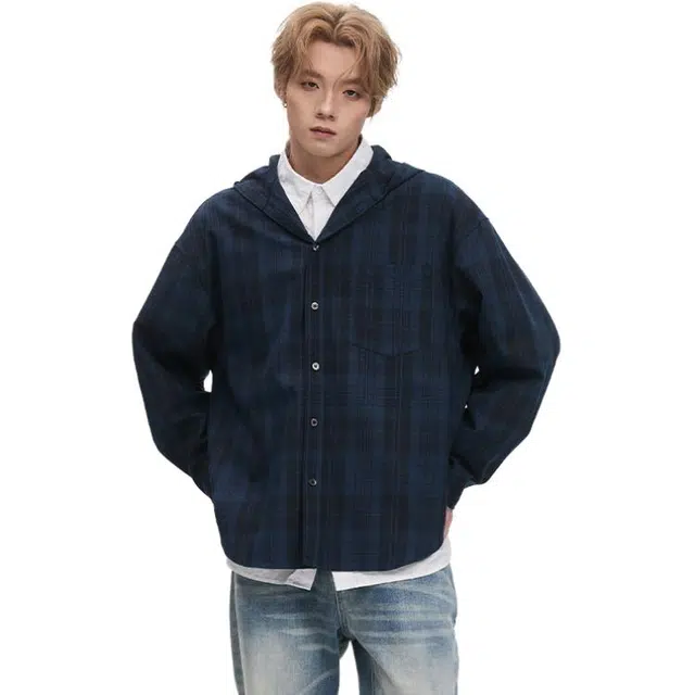 隐狼世家 美式连帽格子男士春秋潮牌复古拼色痞帅宽松外套衬衫 男款