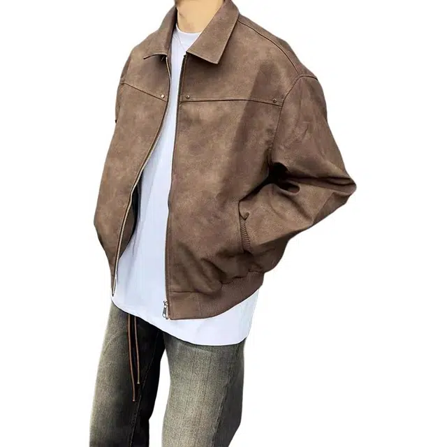 单爵 美式复古翻领铆钉皮衣男春秋美拉德潮牌宽松夹克 男女同款