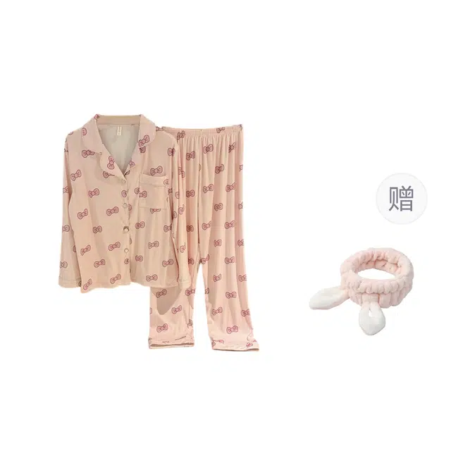 俞兆林 高级感蝴蝶结卡通翻领加厚保暖长袖长裤甜美少女舒适家居服睡衣套装 秋冬季 女款