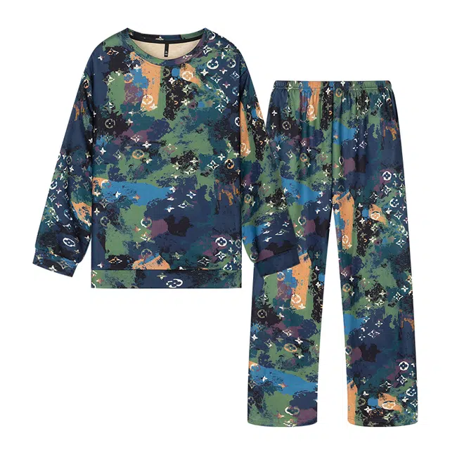 宫蝶 长袖羊绒厚款复古风家居服满印宽松休闲可外穿大码睡衣套装 男款