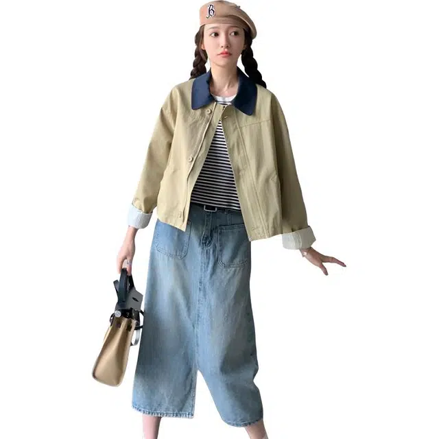 纤丝鸟 复古翻领撞色韩版宽松百搭短款休闲上衣截短外套 女款