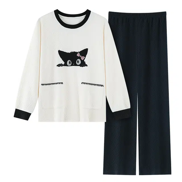 桔内 秋冬季空气层保暖轻盈可爱刺绣小猫可外穿家居服睡衣套装 女款