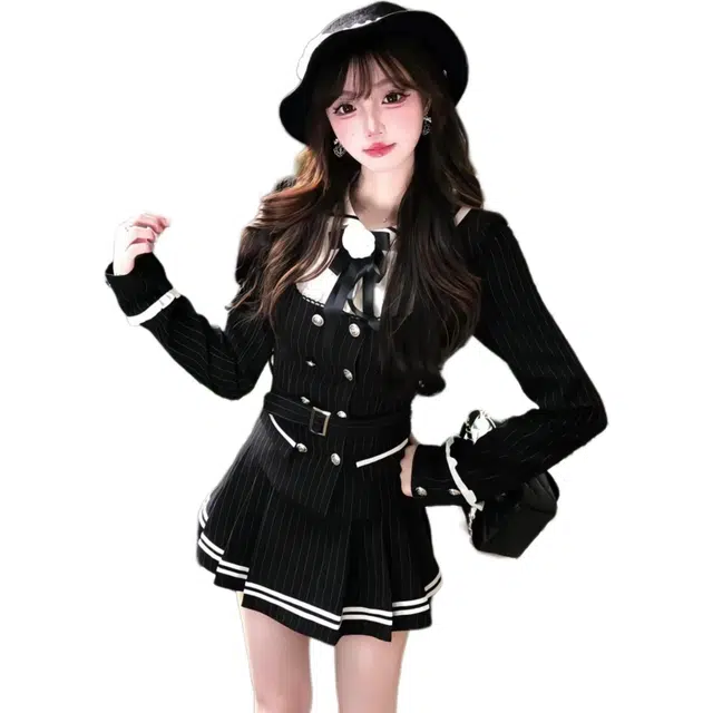 青少年 米囹裙装套装 春秋季学院风休闲西装修身假两件上衣短裙两件套