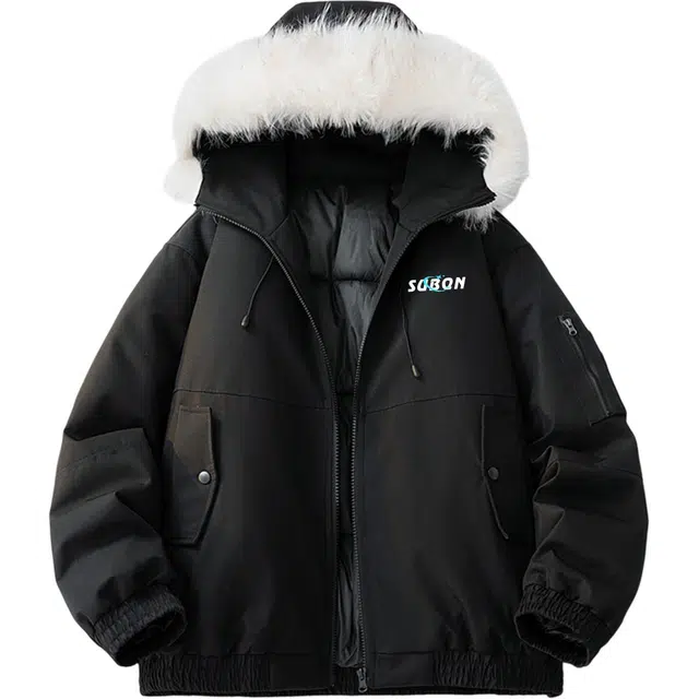 苏北青年 美式时尚潮流百搭基础款潮牌工装宽松休闲日常通勤字母印花纯色防寒保暖秋冬派克服夹克毛圈连帽棉服 男女同款