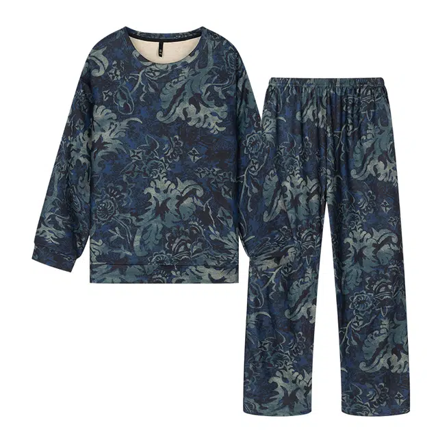 宫蝶 长袖羊绒厚款家居服宽松休闲复古风可外穿大码睡衣套装 男款