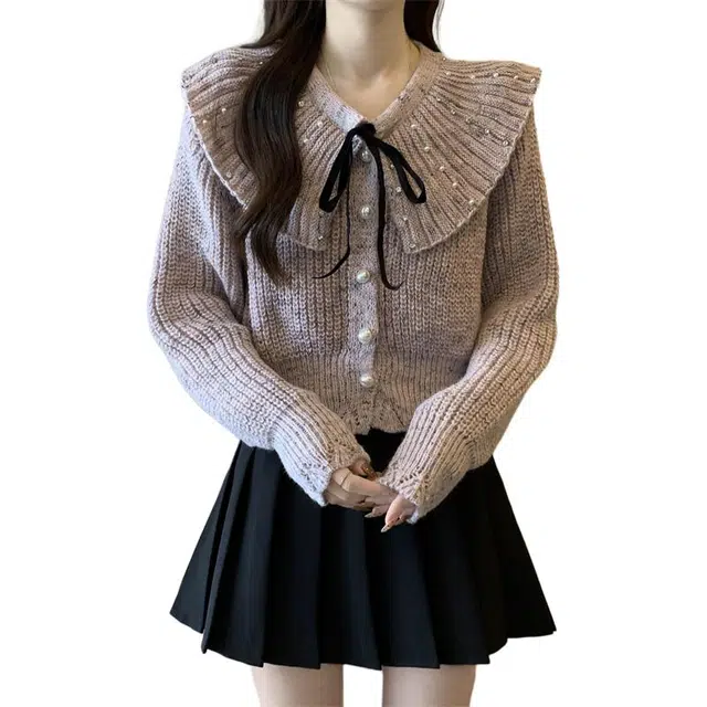 缪斯的诱惑 精致钉珠翻领高级感绑带甜美温柔重工开衫针织衫 女款