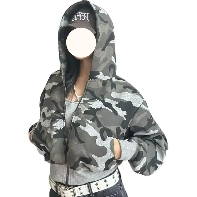 思蓓儿 美式辣妹风修身迷彩开衫连帽复古设计配顺滑拉链与长袖版型纹理显质感剪裁甜酷潮范拉满卫衣 女款