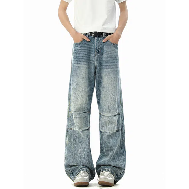 宝米卡 美式复古设计感褶皱水洗直筒高街百搭拖地裤牛仔裤 男女同款