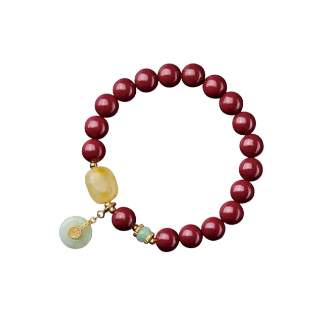 仙园韵 新中式国潮复古招财纳福吉祥如意转运珠转运好运原矿石翡翠平安扣精致高级感小众设计 朱砂 手串 女款