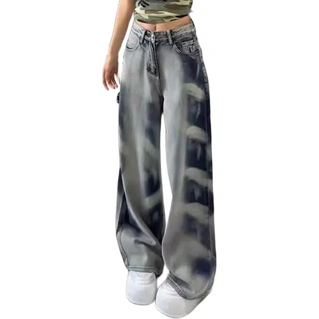 丝絮丝绸 美式扎染设计感复古街头高腰宽松阔腿裤牛仔裤 男女同款