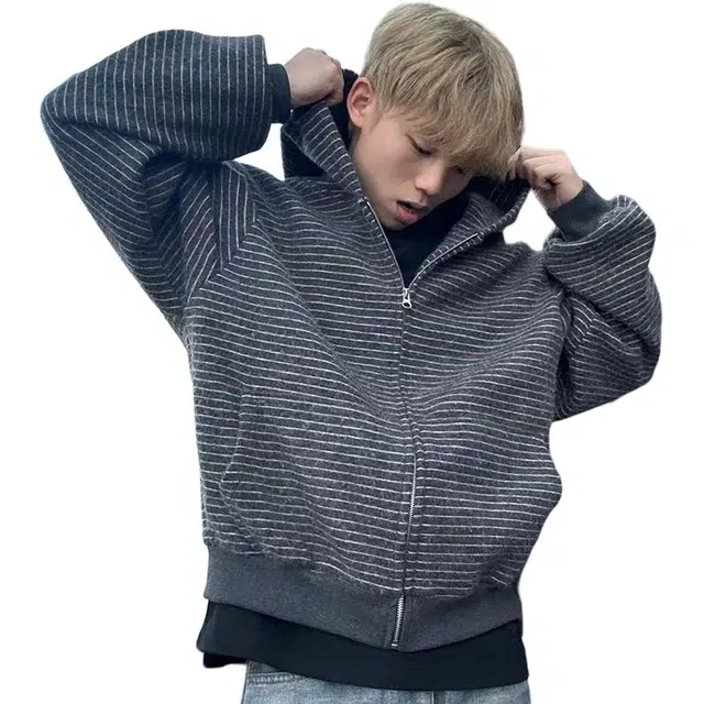 如续 潮流百搭韩系条纹大口袋连帽外套慵懒风宽松松弛感通勤卫衣 男女同款