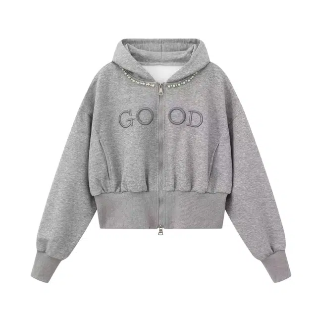 望莱仕  美式复古钉珠立体绣连帽开衫外套女秋季短款上衣卫衣 女款