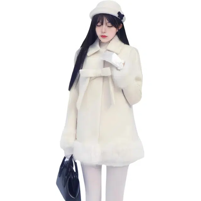 纤丝鸟 甜美纯色蝴蝶结翻领长袖外套半身裙裙装套装 女款