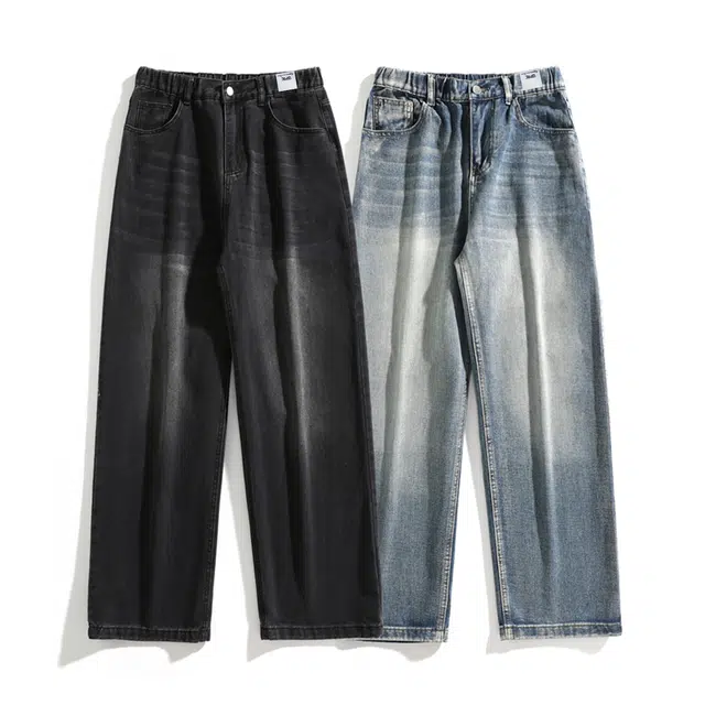 【dme】 潮牌复古美式高街做旧水洗直筒休闲裤潮流时尚宽松长裤百搭中性松紧牛仔裤 男女同款