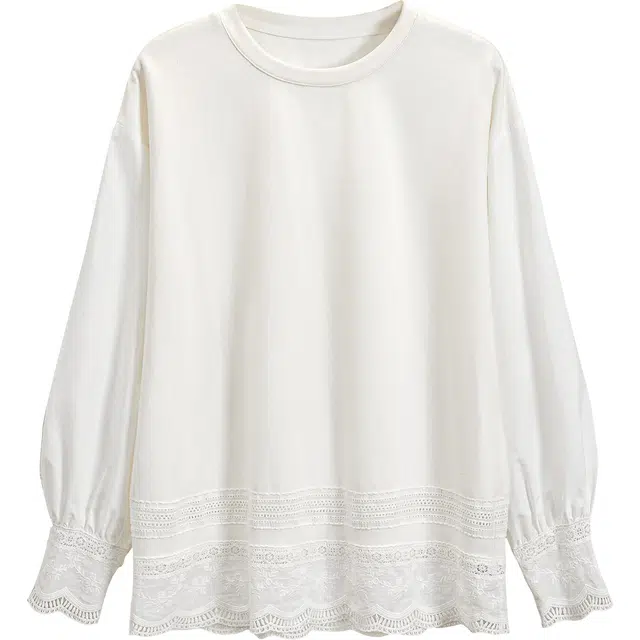 她池 设计感蕾丝拼接纯色圆领套头宽松款长袖卫衣 女款 白色