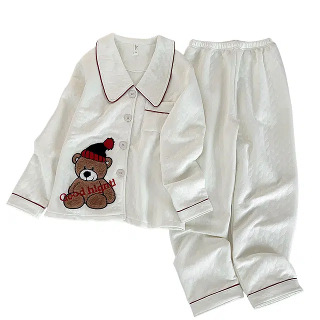 俞兆林 可爱小熊卡通高级感娃娃领柔软空气夹层棉长袖长裤舒适家居服睡衣套装 秋冬季 女款