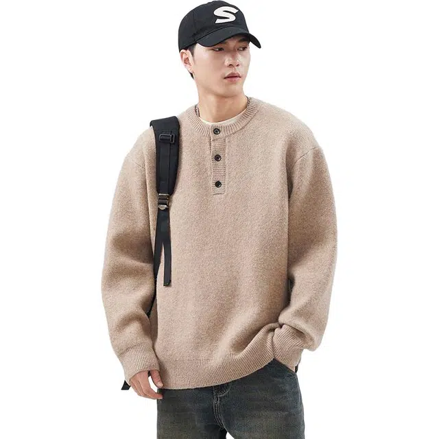 童先森 亨利领毛衣冬季男士长袖宽松套头日系复古潮牌打底针织衫卫衣 男款