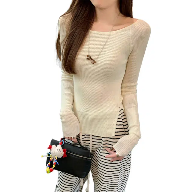 缪斯的诱惑  秋季韩版插肩圆领修身开叉下摆长袖打底针织衫 女款