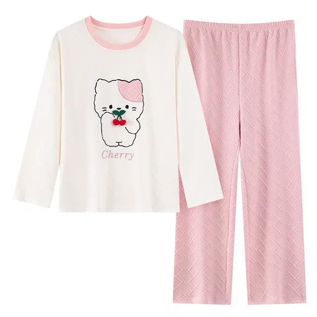 桔内 锁温可爱卡通刺绣可外穿家居服长袖长裤睡衣套装 女款