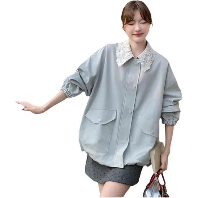 纤丝鸟 时尚简约翻领设计感短款韩系宽松休闲截短外套 女款