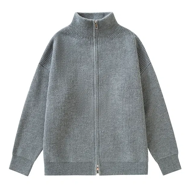 棉基因 老钱风复古高街保暖立领纯色简约流百搭开衫设计款高级感宽松休闲日常时尚纹理线衫长袖外套针织毛衣 男女同款