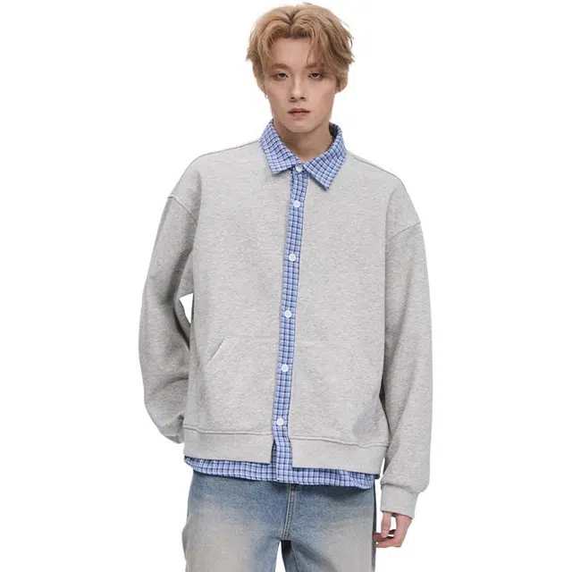 隐狼世家 假两件格子拼接外套男潮牌秋季美式宽松学院风痞帅夹克开衫卫衣 男款