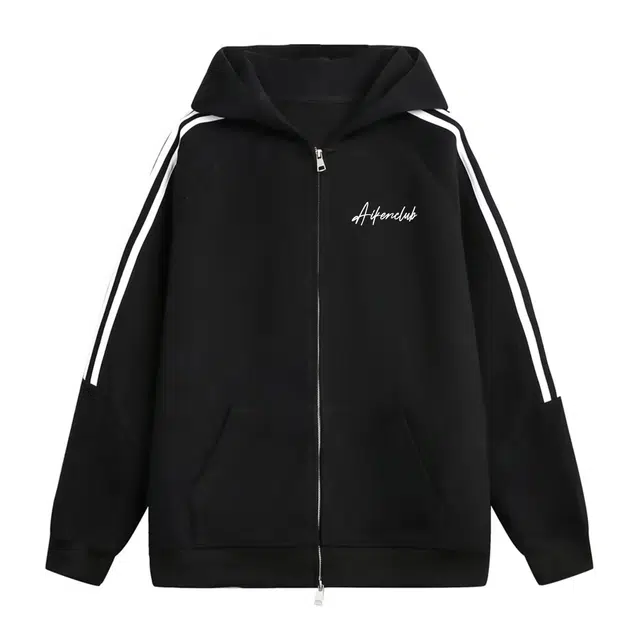 爱肯 美式学院风街头复古基础简约拼接条纹织带撞色手写字母印花潮流休闲百搭运动宽松插肩套头连帽开衫卫衣 男女同款