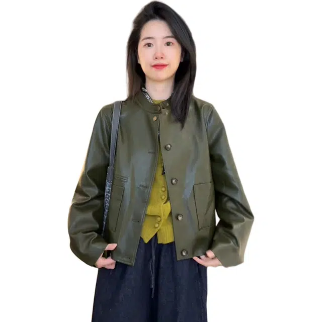 小卷要加油 显白圆领短款合身复古外套小个子上衣秋皮衣 女款