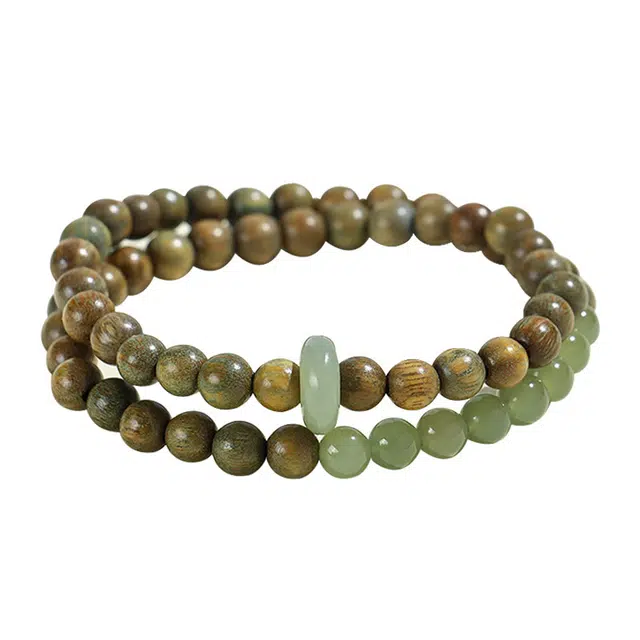 琛宬 【招财吸金】招财纳福平安喜乐温柔如玉双圈叠戴木质禅韵新中式复古国潮平安顺遂文玩盘玩佛珠#好运 绿檀 手串 男女同款情侣款