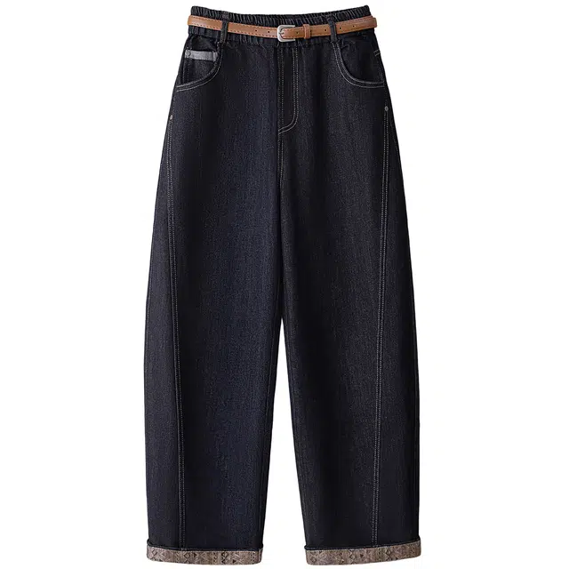 丝柏舍 简约松紧高腰宽松款弯刀裤长款时髦拼色水洗牛仔裤 女款