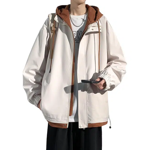 顶峰保罗 潮牌假两件拼接撞色宽松休闲上衣外套秋冬季情侣款潮流百搭加厚保暖高级感连帽夹克 男女同款