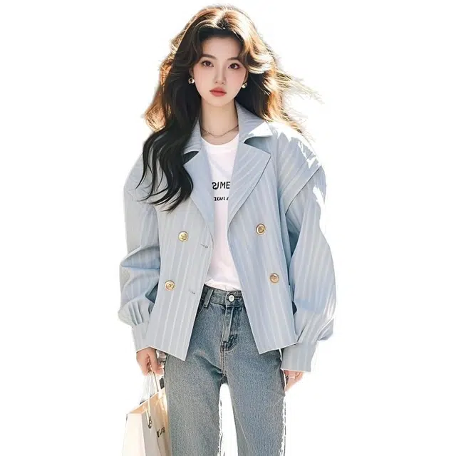 纤丝鸟 韩系小香风条纹时尚休闲百搭短款上衣截短外套 女款