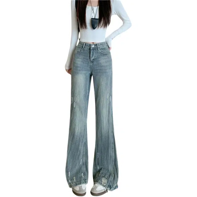 荟萃阁 设计感做旧破洞阔腿美式宽松百搭直筒拖地长裤牛仔裤 女款