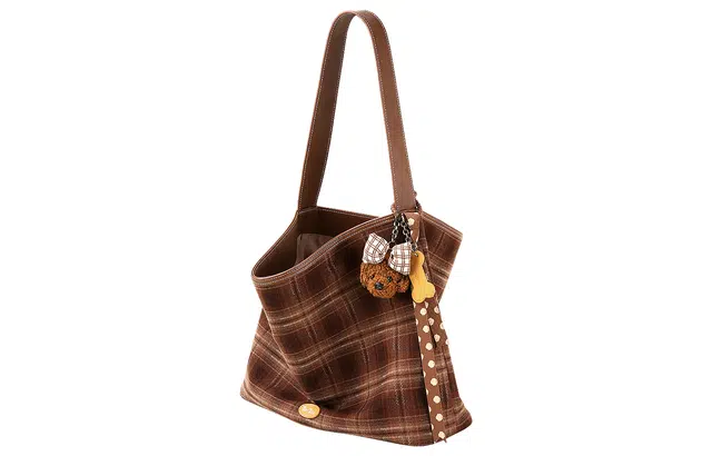 TOUTOU Vintage Plaid Tote Bag Chocolate Brown